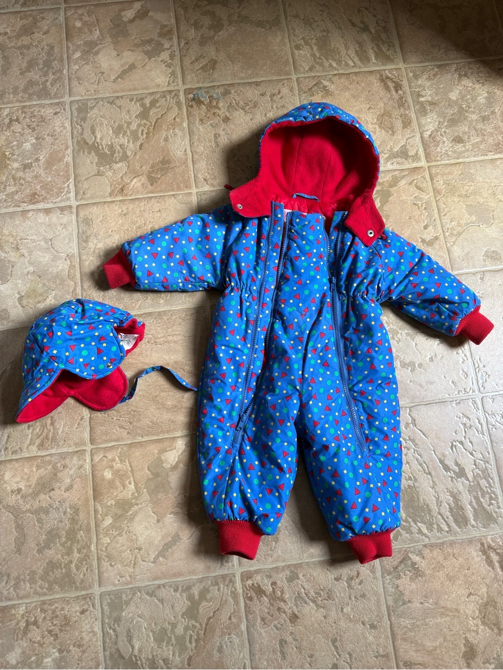 Vintage Hanna Andersson Blue and Red Hooded Baby One-Piece Snowsuit via with Hat